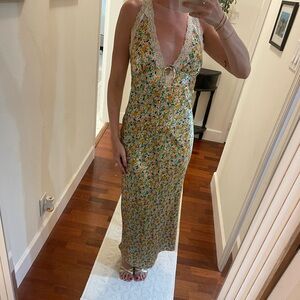 Floral satin maxi dress with white lace trim and front tie | size XS